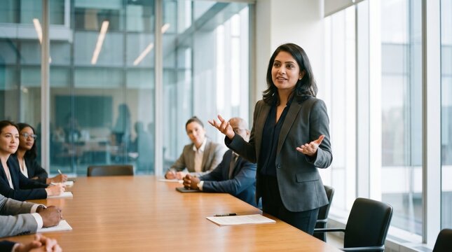 Proactive Asian businesswoman spearheading an initiative during a high-energy meeting, encouraging dialogue and new ideas in a modern and inviting office space.