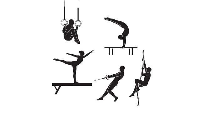 Gymnastics Silhouette Set Shows Athletes on Rings, Balance Beam, Trapeze Bars, and Floor Positions in a High-Contrast Sports Style