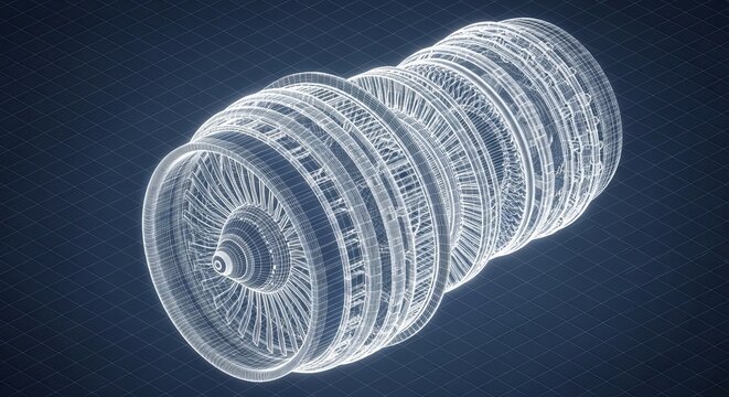 Wireframe 3d model of a jet engine on blue background