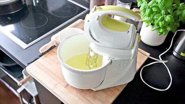 An electric stand mixer whips egg whites into fluffy meringue in a bowl in a modern kitchen a key step of baking a homemade sponge cake from scratch.