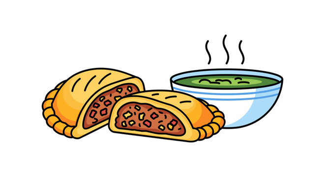 Empanadas with side bowl of dipping sauce vector illustration empanada appetizer handheld culinary gastronomy pastries delicious