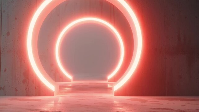 Glowing red ring frames a minimalist, modern space. Concrete walls echo in muted tones. Light reflects off wet floor, creating soft hues. No people, no animals, no plants are present