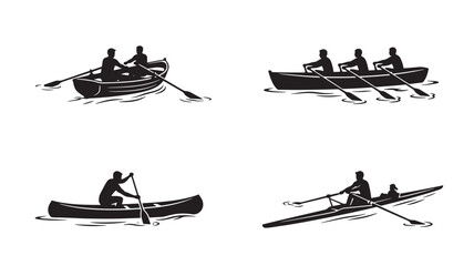 Boats with People Rowing and Paddling on Water Featuring Silhouette, Black and White, Rowboat with Canoe and Kayak Elements for Oars, Paddles © Henry