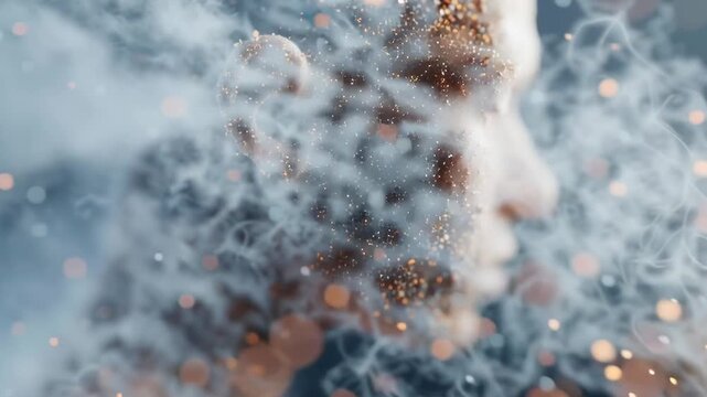 Golden particles swirl around a human head. Face dissolves into mist, glowing specks drift upward. Emotionless, the video evokes mystery and transformation. Ideal for AI, science