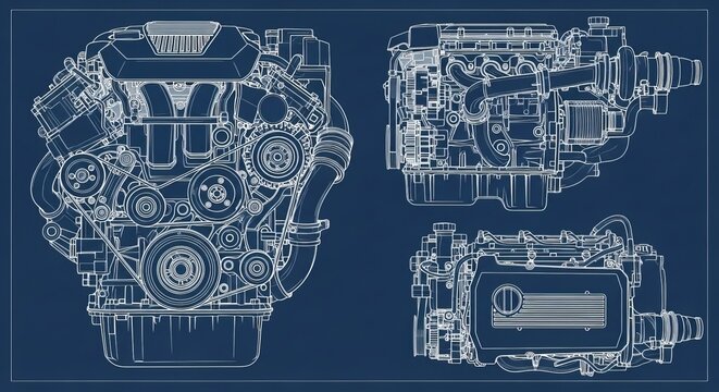 Blueprint technical drawings of car engine components