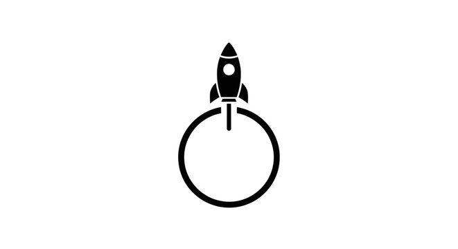 A black icon of a rocket ship launching from a circular power button symbol