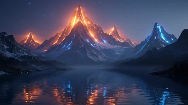 Majestic, digitally crafted landscape featuring mountains ablaze at night