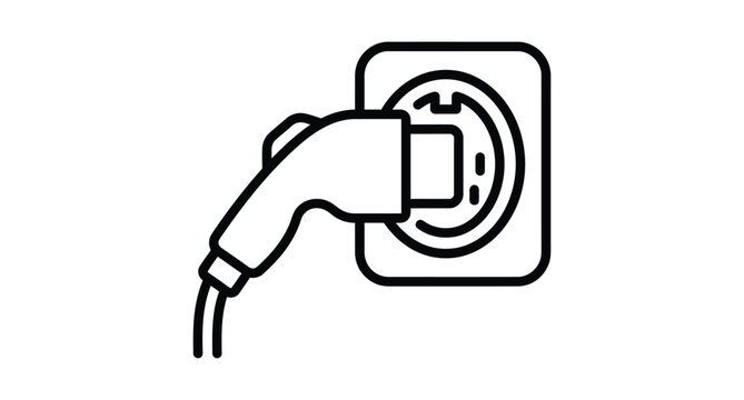 Electric vehicle charging plug icon linear vector graphic with electric car socket plug electric