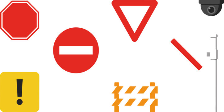 Road Traffic Warning and Prohibition Sign Vector Set with CCTV Camera Barrier and Pole for Street Safety Design