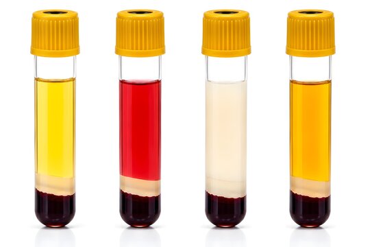 Comparison of blood sample serum conditions in laboratory collection tubes, including normal serum, hemolyzed serum, lipemic serum, and icteric serum. Isolated on white background