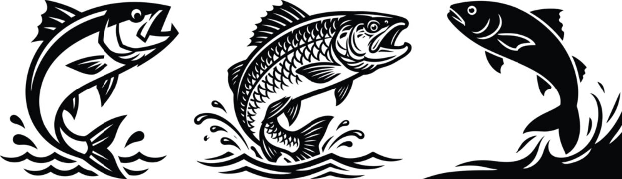 Vintage style fish illustrations set leaping bass trout and generic fish