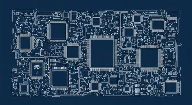 Detailed blueprint of a computer motherboard with various components
