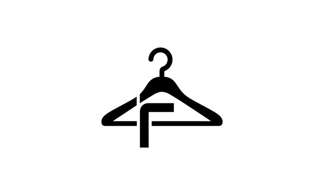 A simple black icon of a clothes hanger on a white background