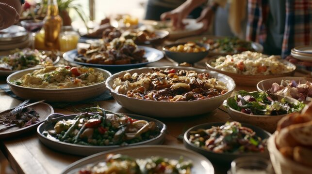 Diverse homemade dishes served on a shared wooden table in natural light