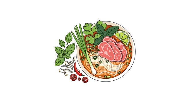 Authentic pho noodle soup with beef and fresh herbs illustration cilantro traditional vietnamese delicious appetizer restaurant