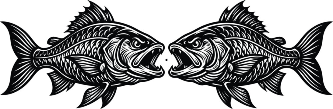 Two facing largemouth bass illustration vintage engraving style