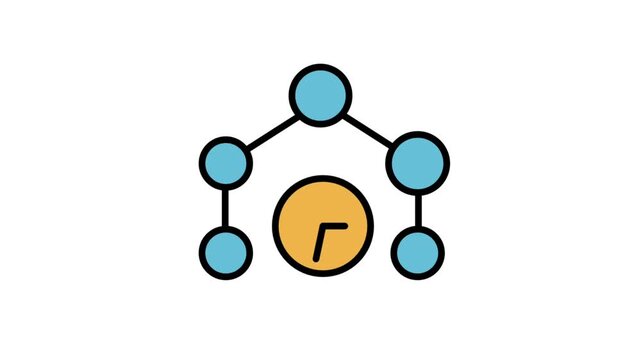 Motion icon showing global business network node hierarchy points structure surrounding a central yellow time clock symbol.