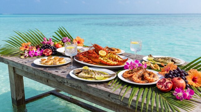 Luxury tropical beach seafood buffet on a wooden table inside crystal turquoise ocean water on a sunny island.
