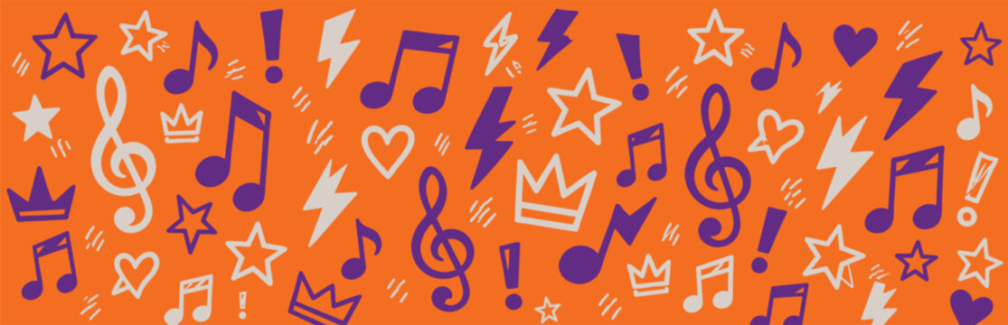 Vibrant orange banner with hand drawn music and rock doodles