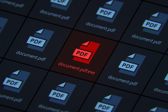 Malicious executable file disguised as a PDF document on screen, representing cyber security threat, computer virus, phishing scam, and malware infection.