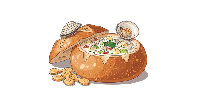 Seafood chowder served in a bread bowl with shellfish homemade culinary wholesome ingredients breadbowl appetizer