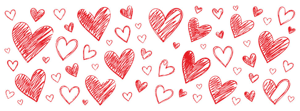 Set of hand drawn red hearts isolated on white background