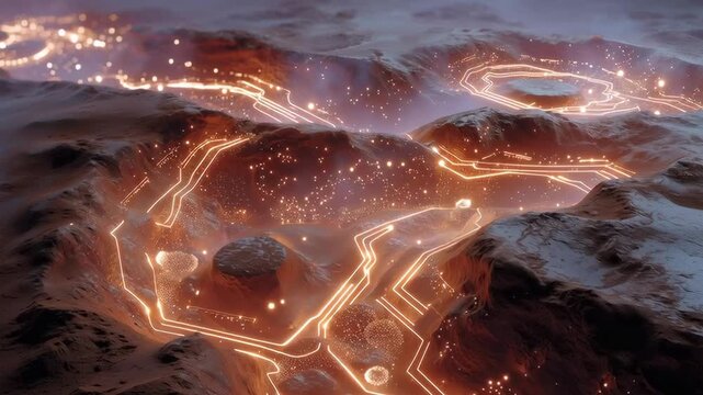 Golden circuits glow across rocky terrain. Luminous paths twist through rugged mountains. Awe inspires as technology blends with nature. Perfect for futuristic landscapes or sci-fi concepts