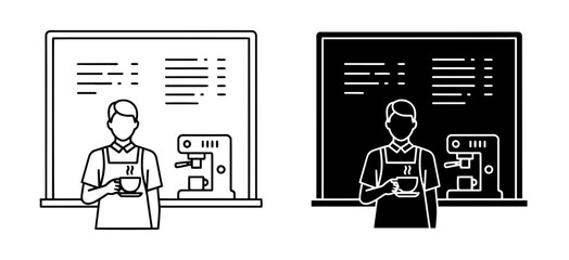 Fototapeta premium Barista with Coffee, Espresso Machine, Menu Board, Vector Icons Set, Cafe Service
