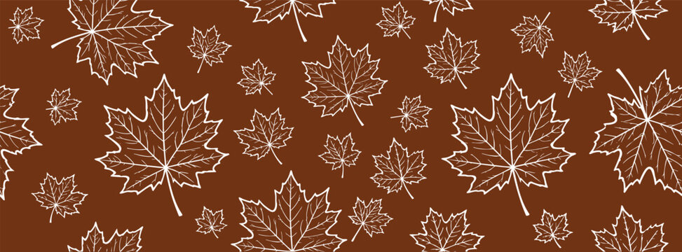 Seamless pattern with white maple leaves on a brown background