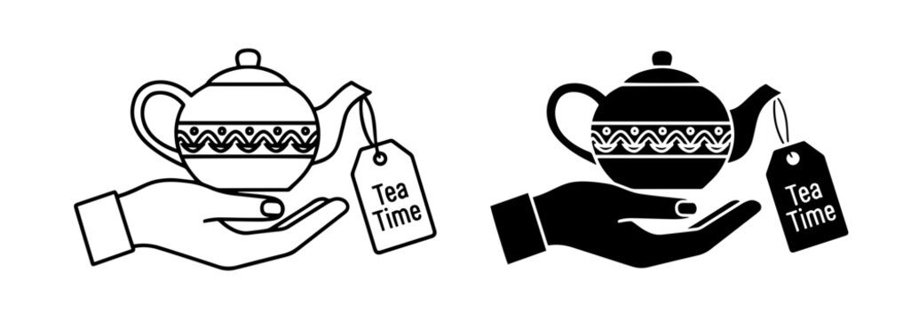 Tea Time Icons: Hand Holding Teapot, Beverage Break, Refreshment Symbol, Black and White Graphics