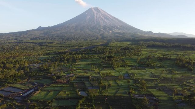 Drone view of Mount Semeru overlooking the agricultural landscape of Pronojiwo, East Java, with green farmland and volcanic scenery illuminated by morning light.
