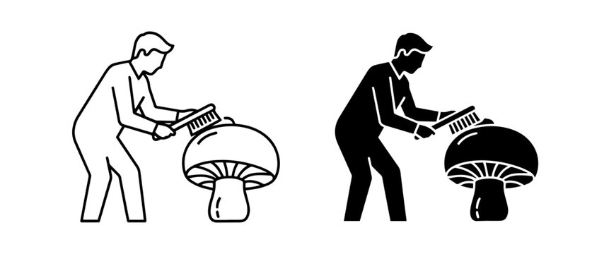 Mushroom cleaning icons, foraging person brushing edible fungus, food preparation vector