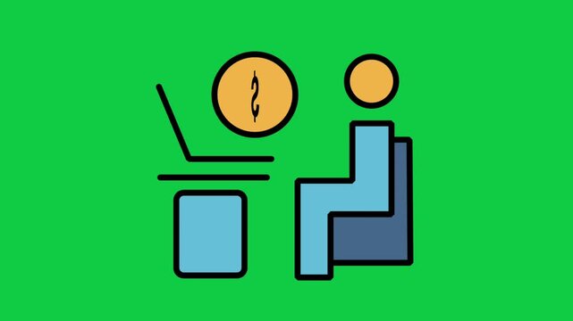 Motion graphic icon displaying a corporate worker at a laptop desk processing financial money transactions with a coin symbol.