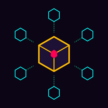 Isometric blockchain technology network illustration with central data node connected to peripheral cryptocurrency digital ledger.