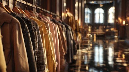 Naklejka premium Row of visitor coats hanging on a rack inside a warmly lit classical museum corridor with arched doorway and blurred gallery paintings in background. AI generated image