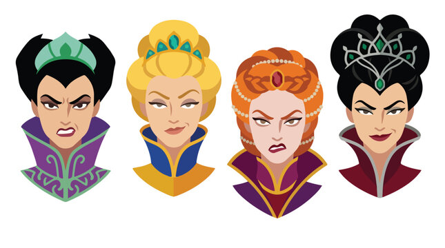 Angry wicked queen avatars vector illustration. Evil princess character face set with diverse expressions. Cruel female villain portrait icons isolated on white background.