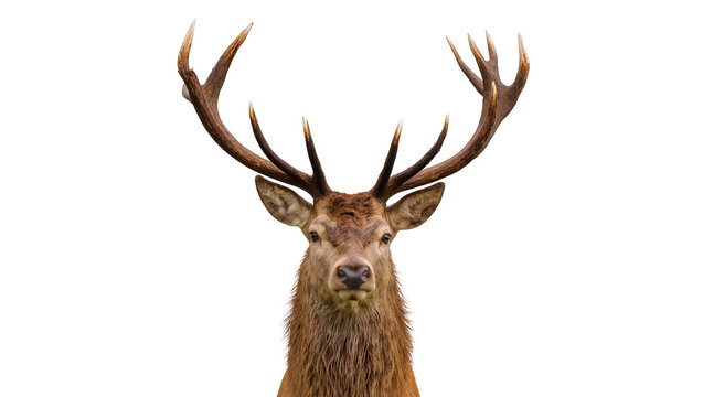 Red deer stag head with large antlers facing forward