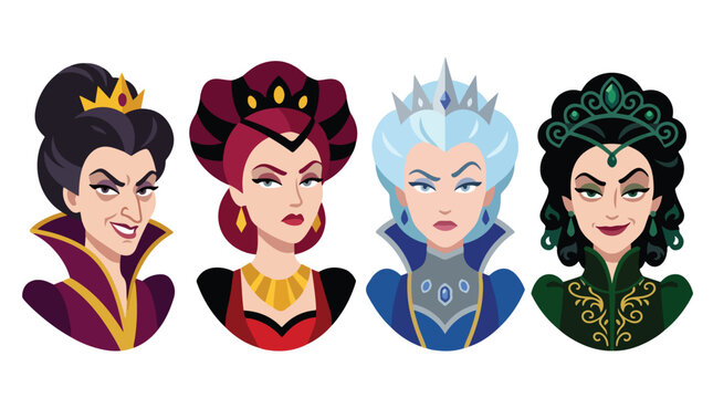 Evil stepmother and wicked queen face vector illustration set. Cruel princess villain characters with angry expressions in flat design. Sorceress witch avatars isolated on white background.