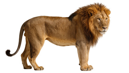 Majestic male lion with full mane standing profile view © Luca