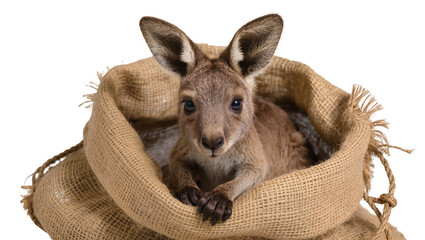 Baby kangaroo peeking out of burlap sack © Luca