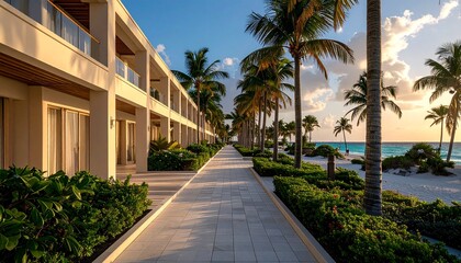 Fototapeta premium Luxury Resort Pathway Surrounded by Palm Trees and Sunshine