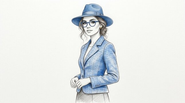 Businesswoman wearing glasses and hat in formal outfit isolated