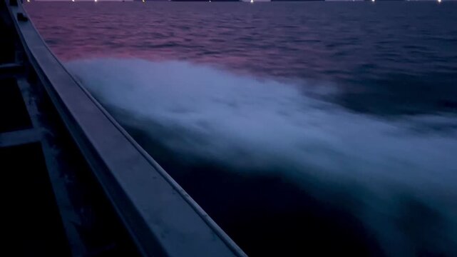 Boat Wake on Ocean at Colorful Sunset, 4K Cinematic Seascape with Pink and Purple Sky 04