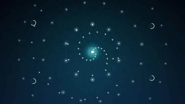 Abstract spiral of glowing particles and small crescent shapes against a dark blue cosmic backdrop, representing motion and energy.