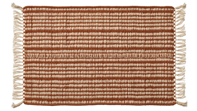 Woven rectangular rug with fringe and striped pattern in terracotta and cream