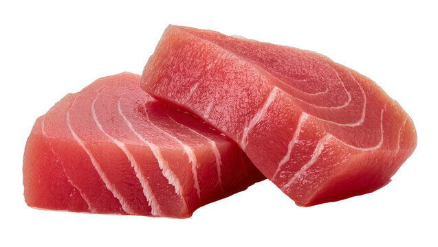 Raw tuna steaks sliced, red flesh with white fat lines