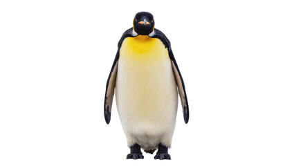 Emperor penguin standing upright front view, white © Hannah