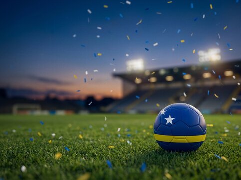 Curacao soccer ball on grass stadium field with confetti celebration