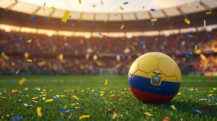 Naklejka premium Ecuador soccer ball on stadium pitch with confetti