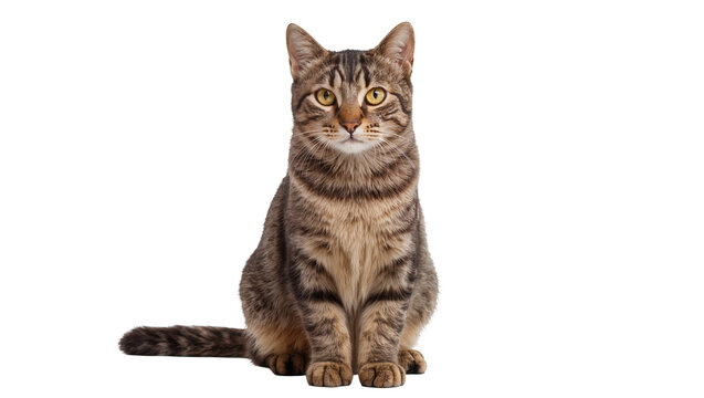 Tabby cat sitting looking forward with yellow eyes